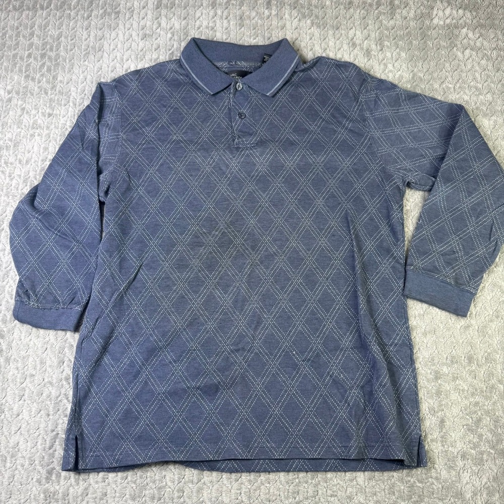 Marc Edwards Mens Long Sleeve Polo Shirt Blue Diamond Knit Stain Resistant M